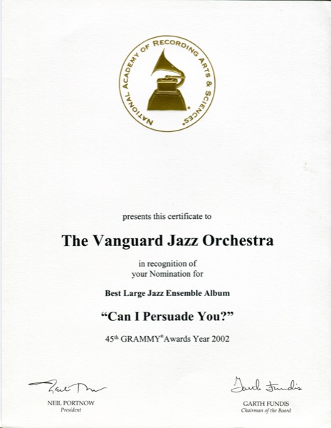 2002 Grammy Letter - Vanguard, Best Large Ensemble